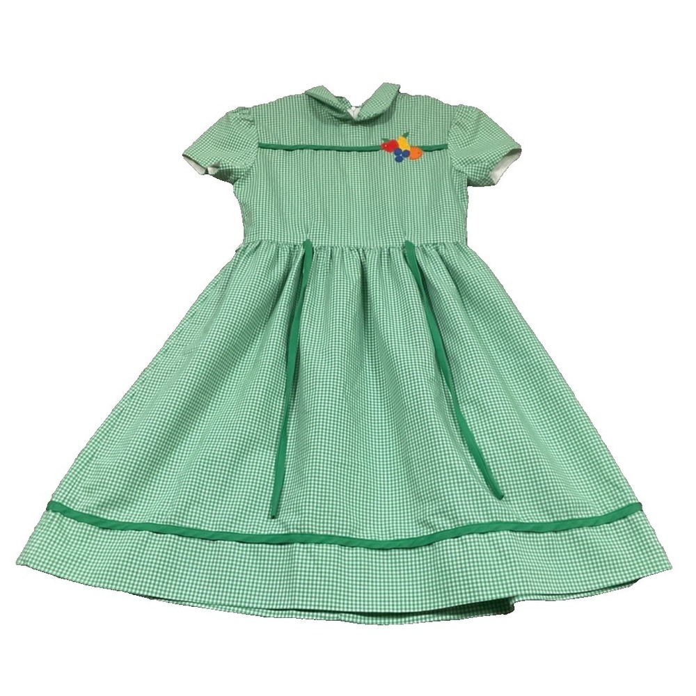 SYLVIA WHYTE VTG‎ Applique Embroidered Tie Back Green White Gingham Dress Sz 12